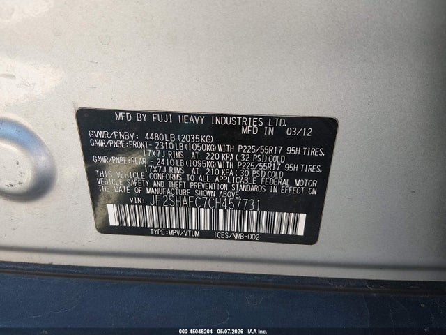 2012 Subaru Forester 2.5x Limited მანქანა იყიდება აუქციონზე, vin: JF2SHAEC7CH457731, აუქციონის ნომერი: 45045204