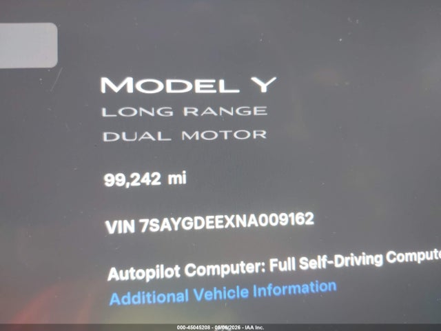 Продаж на аукціоні авто 2022 Tesla Model Y Long Range Dual Motor All-wheel Drive, vin: 7SAYGDEEXNA009162, номер лоту: 45045208