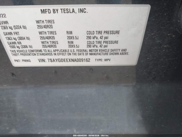 Продаж на аукціоні авто 2022 Tesla Model Y Long Range Dual Motor All-wheel Drive, vin: 7SAYGDEEXNA009162, номер лоту: 45045208