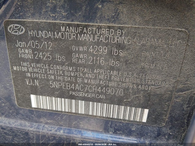 45045210 :رقم المزاد ، 5NPEB4AC7CH449070 vin ، 2012 Hyundai Sonata Gls مزاد بيع