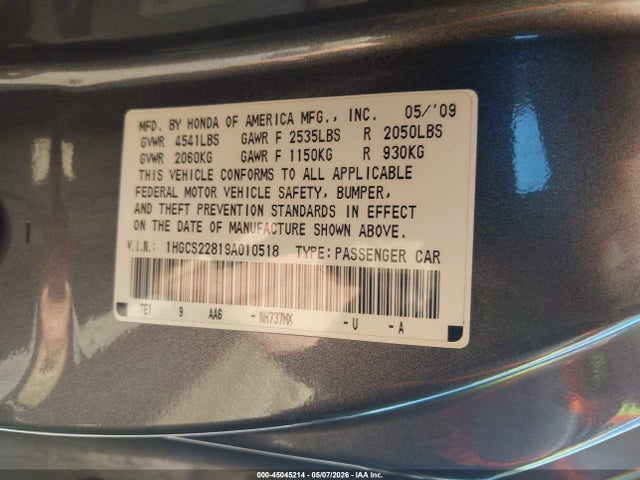 Aukcja sprzedaży 2009 Honda Accord 3.5 Ex-l, vin: 1HGCS22819A010518, numer aukcji: 45045214