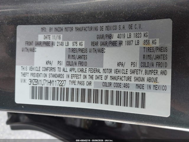 Auction sale of the 2017 Mazda Mazda3 Sport, vin: 3MZBN1U71HM117227, lot number: 45045219