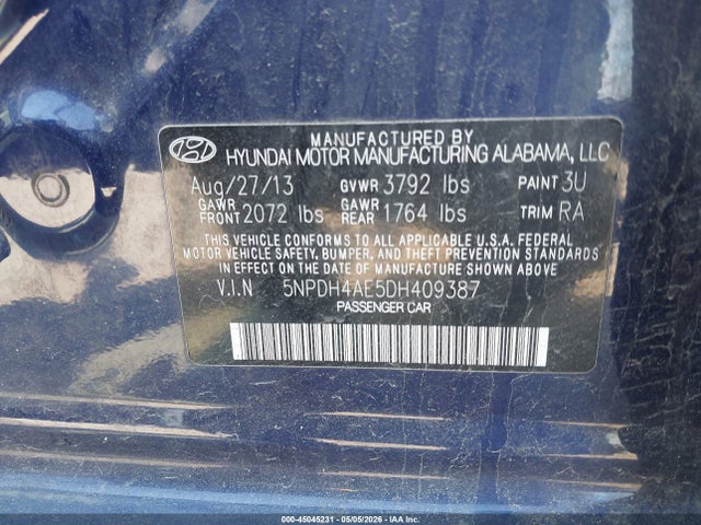 Aukcja sprzedaży 2013 Hyundai Elantra Gls, vin: 5NPDH4AE5DH409387, numer aukcji: 45045231