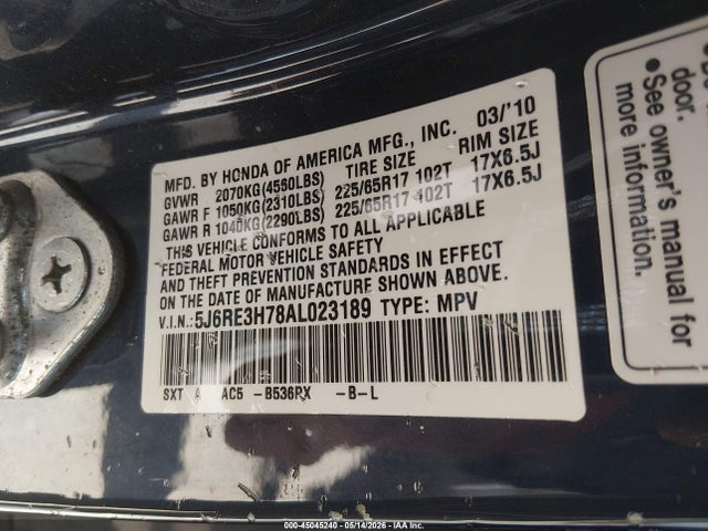 2010 Honda Cr-v Ex-l მანქანა იყიდება აუქციონზე, vin: 5J6RE3H78AL023189, აუქციონის ნომერი: 45045240