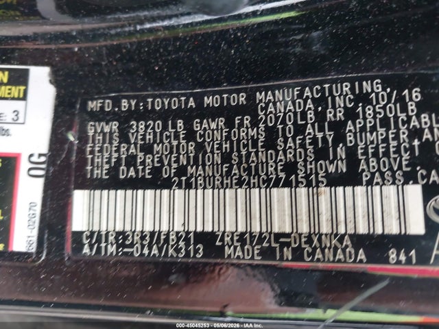 45045253 :رقم المزاد ، 2T1BURHE2HC771515 vin ، 2017 Toyota Corolla Le مزاد بيع