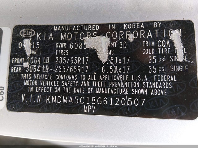 2016 Kia Sedona L მანქანა იყიდება აუქციონზე, vin: KNDMA5C18G6120507, აუქციონის ნომერი: 45045261
