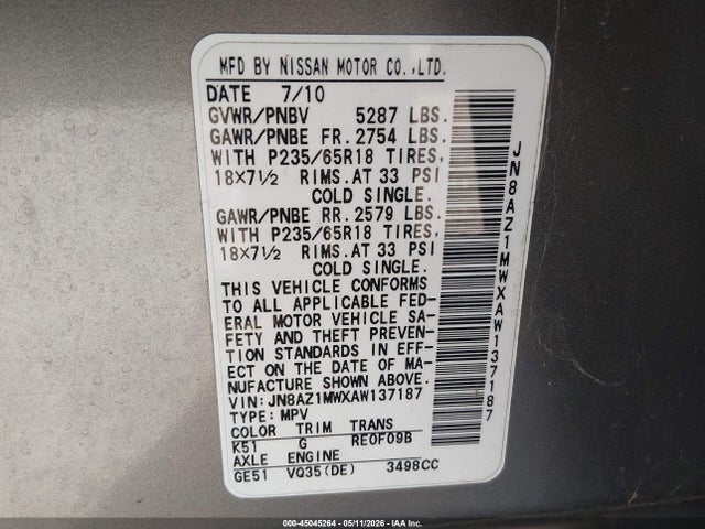 2010 Nissan Murano Sl მანქანა იყიდება აუქციონზე, vin: JN8AZ1MWXAW137187, აუქციონის ნომერი: 45045264