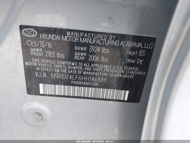 2017 Hyundai Elantra Se მანქანა იყიდება აუქციონზე, vin: 5NPD74LF6HH146888, აუქციონის ნომერი: 45045269