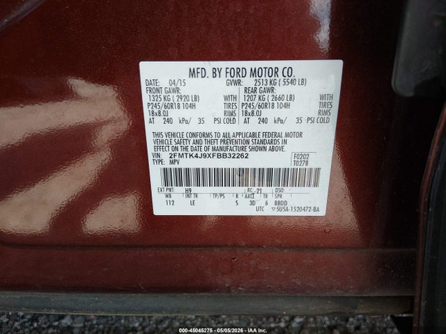 2015 Ford Edge Sel მანქანა იყიდება აუქციონზე, vin: 2FMTK4J9XFBB32262, აუქციონის ნომერი: 45045275