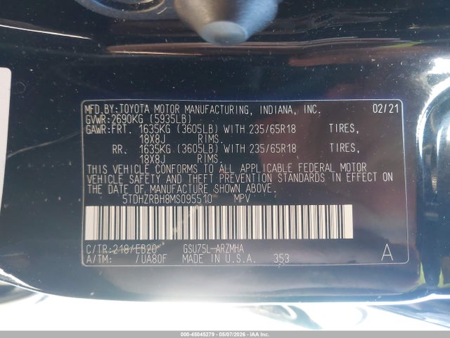 Продажа на аукционе авто 2021 Toyota Highlander Xle, vin: 5TDHZRBH8MS095510, номер лота: 45045279