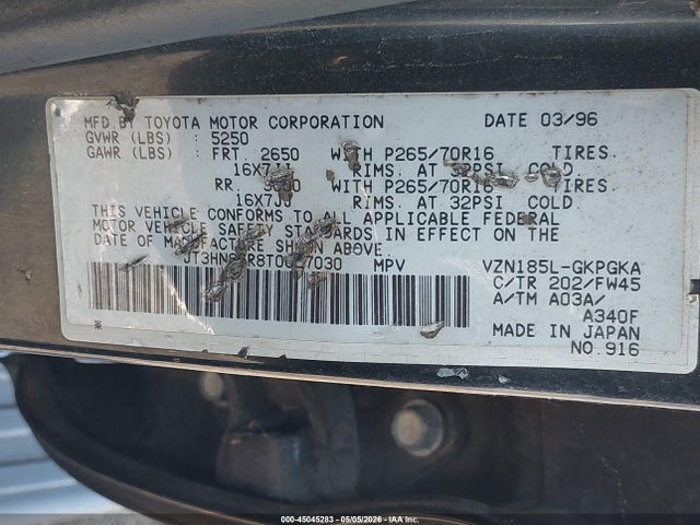 45045283 :رقم المزاد ، JT3HN86R8T0027030 vin ، 1996 Toyota 4runner Sr5 مزاد بيع
