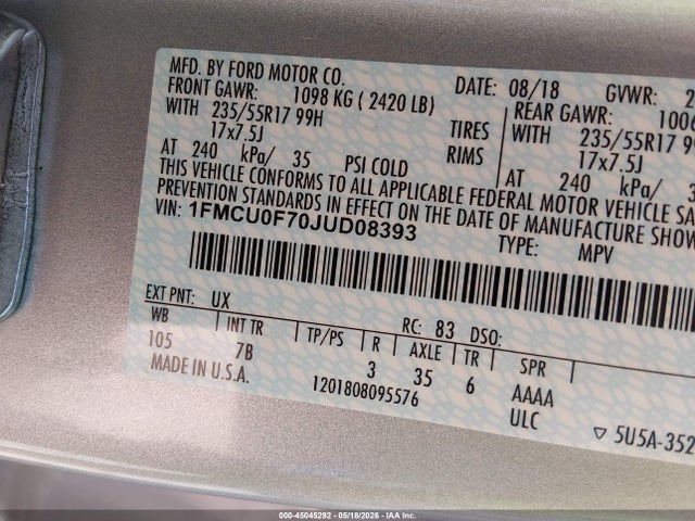45045292 :رقم المزاد ، 1FMCU0F70JUD08393 vin ، 2018 Ford Escape S مزاد بيع