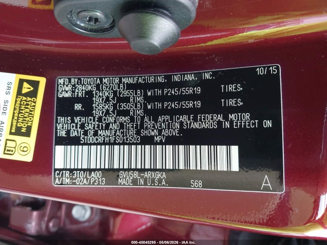 45045295 :رقم المزاد ، 5TDDCRFH1FS013503 vin ، 2015 Toyota Highlander Hybrid Limited Platinum V6 مزاد بيع
