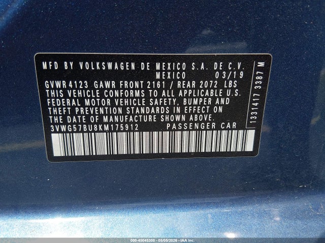45045300 :رقم المزاد ، 3VWG57BU8KM175912 vin ، 2019 Volkswagen Jetta 1.4t Sel Premium مزاد بيع