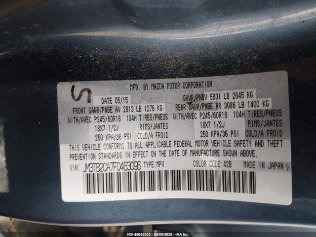 Aukcja sprzedaży 2015 Mazda Cx-9 Touring, vin: JM3TB2CA7F0463096, numer aukcji: 45045302