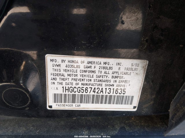 Aukcja sprzedaży 2002 Honda Accord 2.3 Se, vin: 1HGCG56742A131635, numer aukcji: 45045306