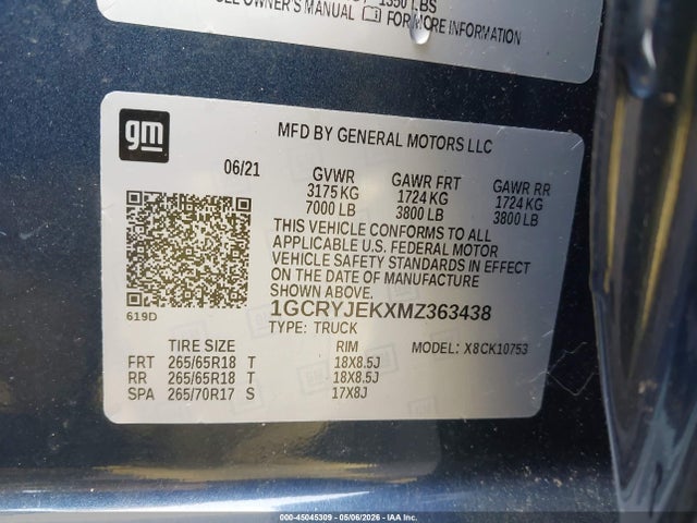 Продаж на аукціоні авто 2021 Chevrolet Silverado 1500 4wd  Standard Bed Lt With 2fl, vin: 1GCRYJEKXMZ363438, номер лоту: 45045309