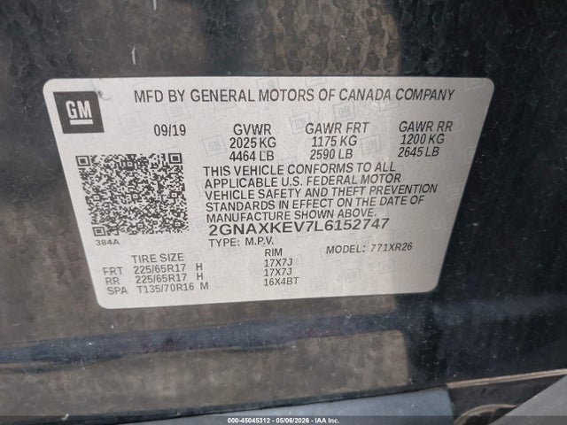 Продаж на аукціоні авто 2020 Chevrolet Equinox Fwd Lt 1.5l Turbo, vin: 2GNAXKEV7L6152747, номер лоту: 45045312