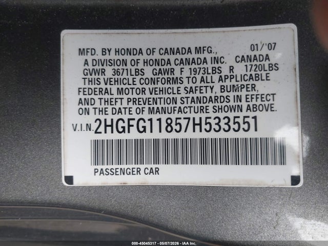 Aukcja sprzedaży 2007 Honda Civic Ex, vin: 2HGFG11857H533551, numer aukcji: 45045317