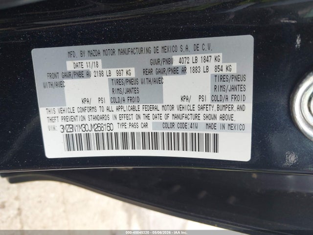 2018 Mazda Mazda3 Grand Touring მანქანა იყიდება აუქციონზე, vin: 3MZBN1M30JM268160, აუქციონის ნომერი: 45045320