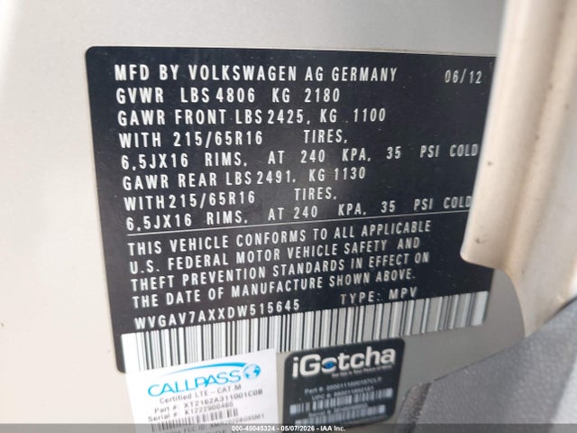 45045324 :رقم المزاد ، WVGAV7AXXDW515645 vin ، 2013 Volkswagen Tiguan S مزاد بيع