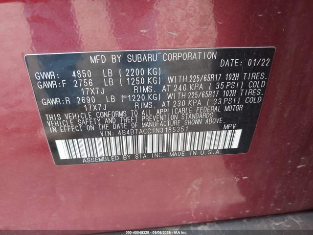 Aukcja sprzedaży 2022 Subaru Outback Premium, vin: 4S4BTACC1N3185351, numer aukcji: 45045328