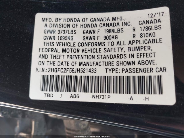 Продажа на аукционе авто 2018 Honda Civic Lx, vin: 2HGFC2F56JH521433, номер лота: 45045343