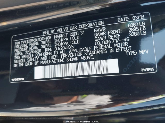 45045346 :رقم المزاد ، YV4102PK8J1375408 vin ، 2018 Volvo Xc90 T5 Momentum مزاد بيع
