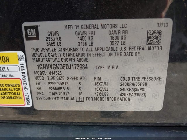 Продаж на аукціоні авто 2013 Chevrolet Traverse 1lt, vin: 1GNKVGKD6DJ173984, номер лоту: 45045347