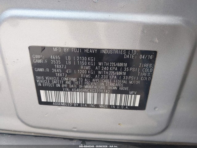 Aukcja sprzedaży 2016 Subaru Outback 2.5i Limited, vin: 4S4BSANC4G3330742, numer aukcji: 45045349