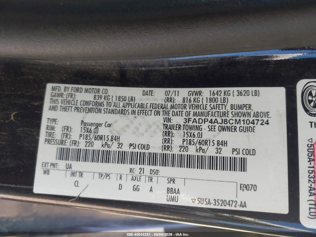 45045351 :رقم المزاد ، 3FADP4AJ8CM104724 vin ، 2012 Ford Fiesta S مزاد بيع