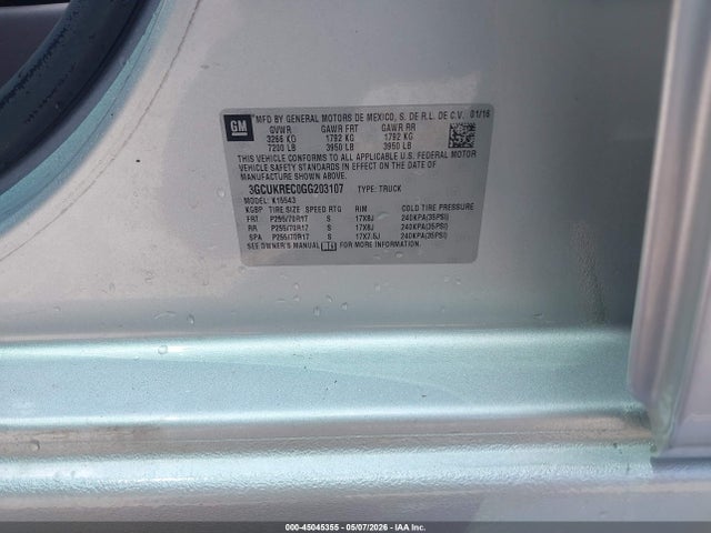 45045355 :رقم المزاد ، 3GCUKREC0GG203107 vin ، 2016 Chevrolet Silverado 1500 1lt مزاد بيع