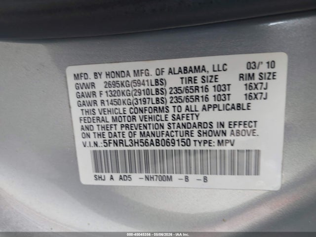 Aukcja sprzedaży 2010 Honda Odyssey Ex, vin: 5FNRL3H56AB069150, numer aukcji: 45045356