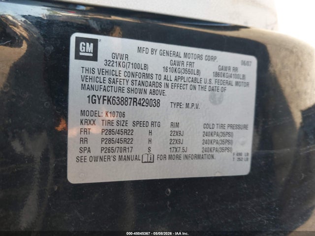 45045367 :رقم المزاد ، 1GYFK63887R429038 vin ، 2007 Cadillac Escalade Standard مزاد بيع