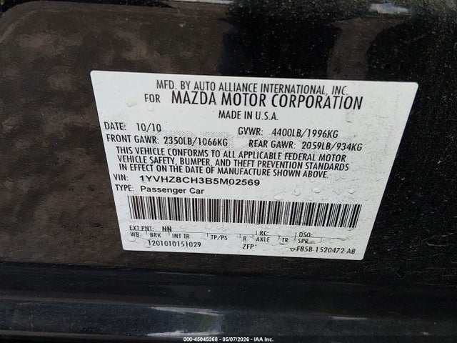 2011 Mazda Mazda6 I Touring Plus მანქანა იყიდება აუქციონზე, vin: 1YVHZ8CH3B5M02569, აუქციონის ნომერი: 45045368