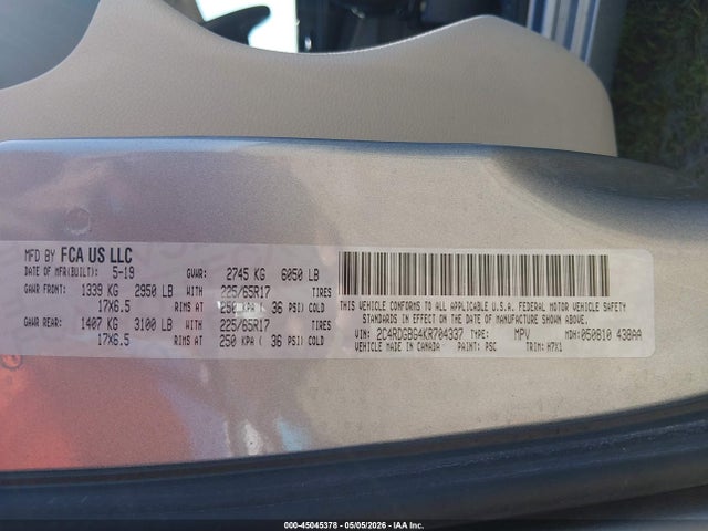 45045378 :رقم المزاد ، 2C4RDGBG4KR704337 vin ، 2019 Dodge Grand Caravan Se مزاد بيع