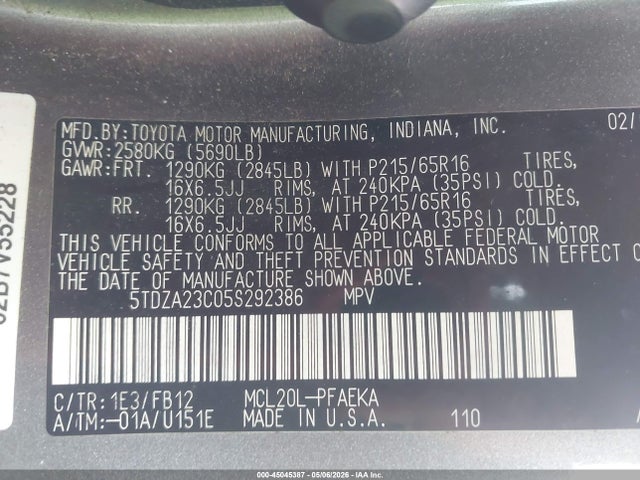 45045387 :رقم المزاد ، 5TDZA23C05S292386 vin ، 2005 Toyota Sienna Le مزاد بيع