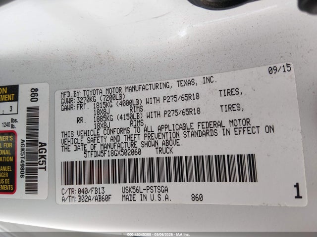 2016 Toyota Tundra Sr5 5.7l V8 მანქანა იყიდება აუქციონზე, vin: 5TFDW5F18GX502060, აუქციონის ნომერი: 45045388