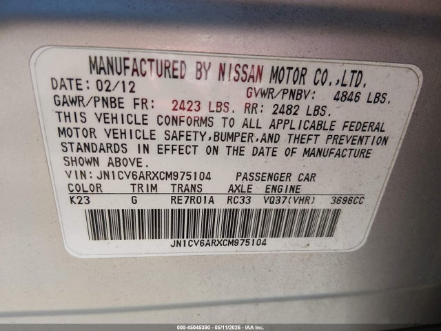 2012 Infiniti G37x მანქანა იყიდება აუქციონზე, vin: JN1CV6ARXCM975104, აუქციონის ნომერი: 45045390