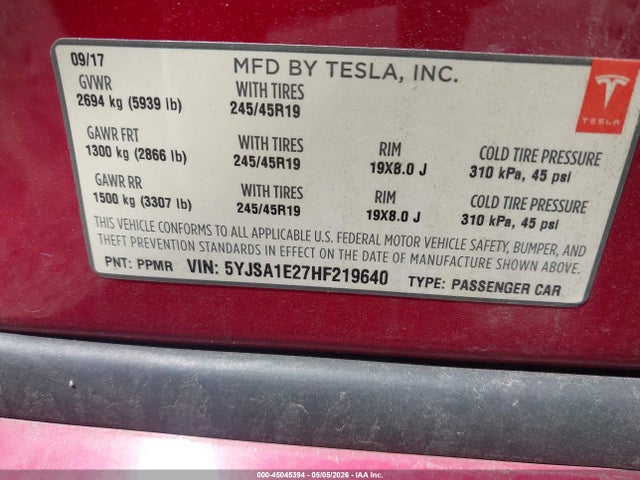 Продаж на аукціоні авто 2017 Tesla Model S 100d/60d/75d/90d/p100d, vin: 5YJSA1E27HF219640, номер лоту: 45045394