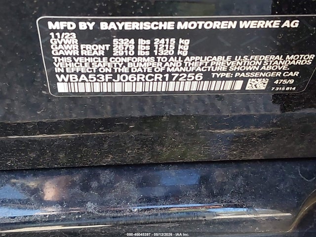 2024 Bmw 530i Xdrive მანქანა იყიდება აუქციონზე, vin: WBA53FJ06RCR17256, აუქციონის ნომერი: 45045397