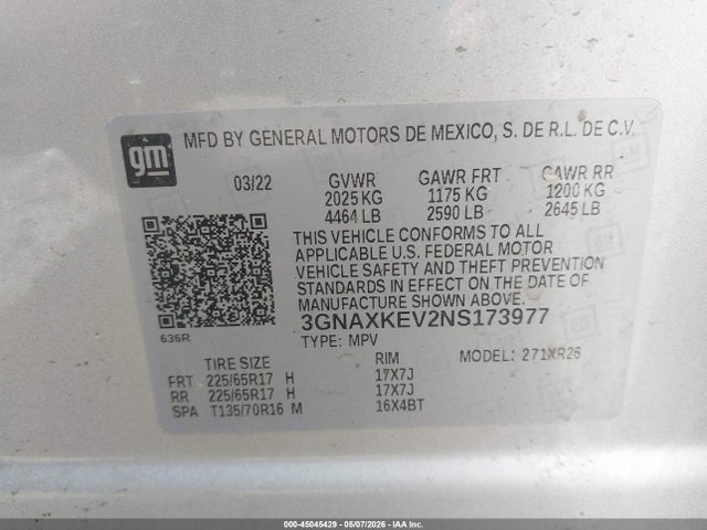 Aukcja sprzedaży 2022 Chevrolet Equinox Fwd Lt, vin: 3GNAXKEV2NS173977, numer aukcji: 45045429