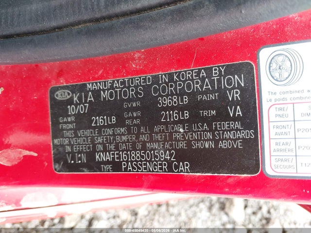 Aukcja sprzedaży 2008 Kia Spectra5 Sx, vin: KNAFE161885015942, numer aukcji: 45045430