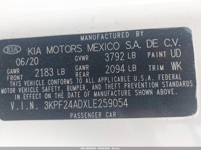 Aukcja sprzedaży 2020 Kia Forte Lxs, vin: 3KPF24ADXLE259054, numer aukcji: 45045439