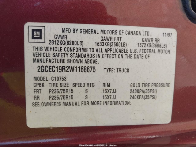 Продаж на аукціоні авто 1998 Chevrolet C1500 Fleetside, vin: 2GCEC19R2W1168675, номер лоту: 45045449