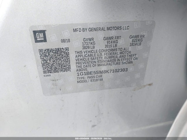 45045456 :رقم المزاد ، 1G1BE5SM8K7102303 vin ، 2019 Chevrolet Cruze Lt مزاد بيع