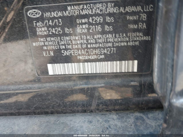 Продаж на аукціоні авто 2013 Hyundai Sonata Gls, vin: 5NPEB4AC1DH694271, номер лоту: 45045469
