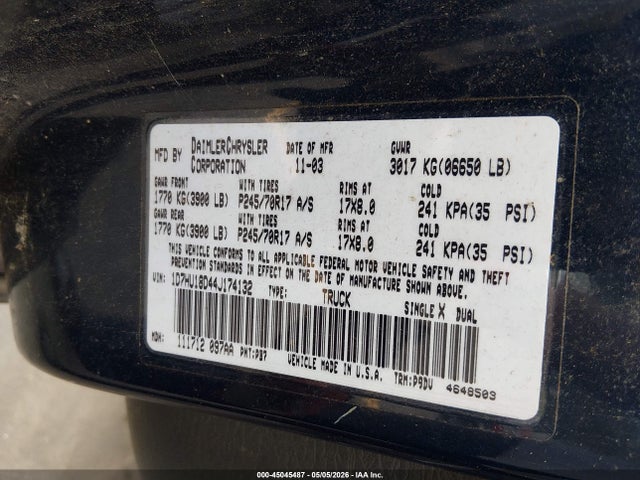 Aukcja sprzedaży 2004 Dodge Ram 1500 St, vin: 1D7HU18D44J174132, numer aukcji: 45045487