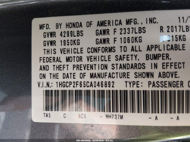 Aukcja sprzedaży 2012 Honda Accord 2.4 Se, vin: 1HGCP2F65CA046892, numer aukcji: 45045490