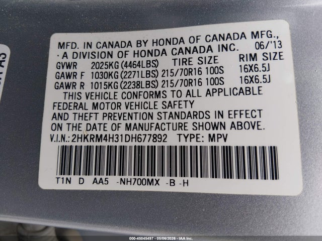 45045497 :رقم المزاد ، 2HKRM4H31DH677892 vin ، 2013 Honda Cr-v Lx مزاد بيع